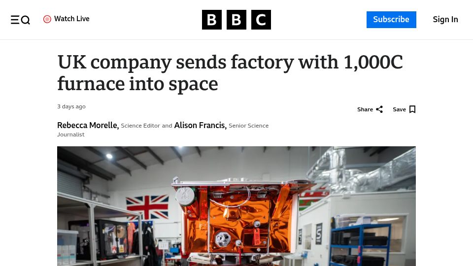 Screenshot of bbc.co.uk: UK company sends factory with 1,000C furnace into space