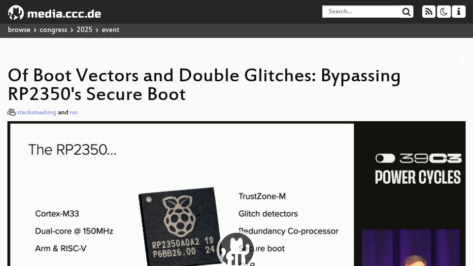 Screenshot of streaming.media.ccc.de: Of Boot Vectors and Double Glitches: Bypassing RP2350's Secure Boot