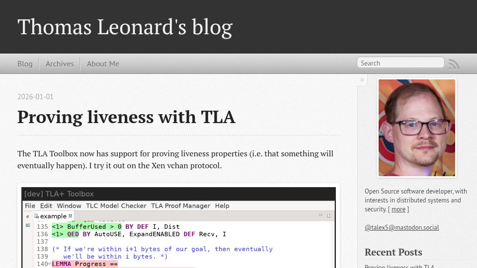 Screenshot of roscidus.com: Proving Liveness with TLA