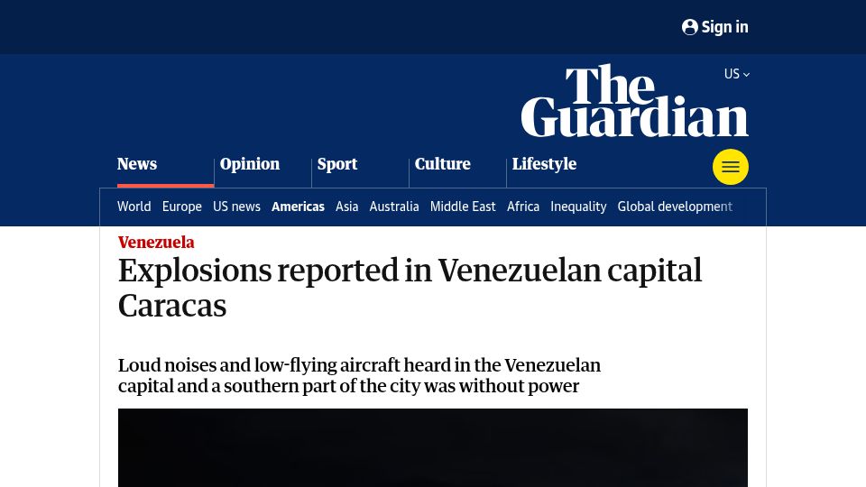 Screenshot of theguardian.com: Explosions reported in Venezuelan capital Caracas
