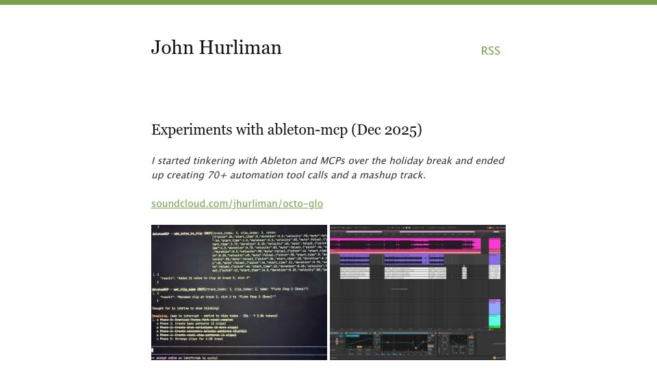Screenshot of jhurliman.org: Experiments with Ableton-MCP