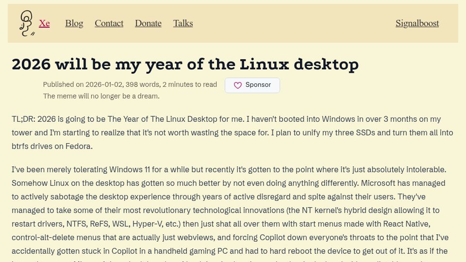Screenshot of xeiaso.net: 2026 will be my year of the Linux desktop