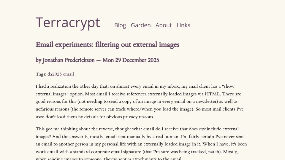 Screenshot of terracrypt.net: Email experiments: filtering out external images