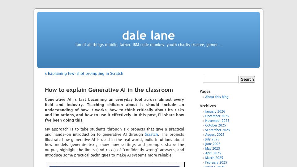 Screenshot of dalelane.co.uk: How to explain Generative AI in the classroom