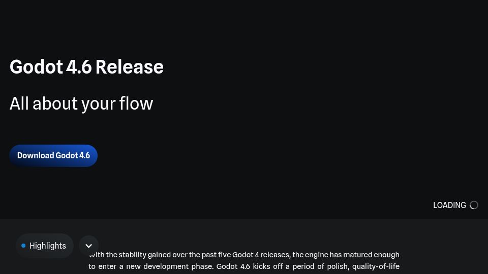 Screenshot of godotengine.org: Godot 4.6 Release: It's all about your flow