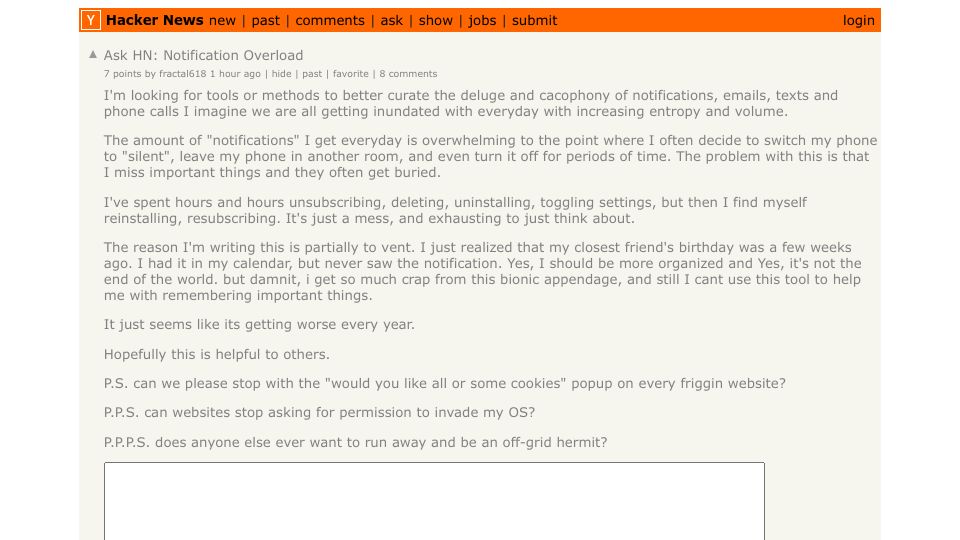 Screenshot of Hacker News post: Ask HN: Notification Overload