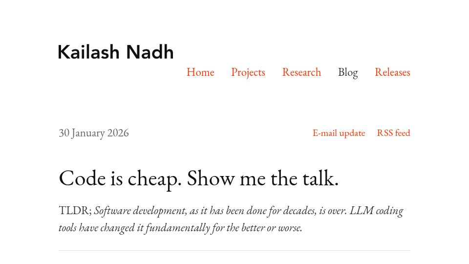 Screenshot of nadh.in: Code is cheap. Show me the talk