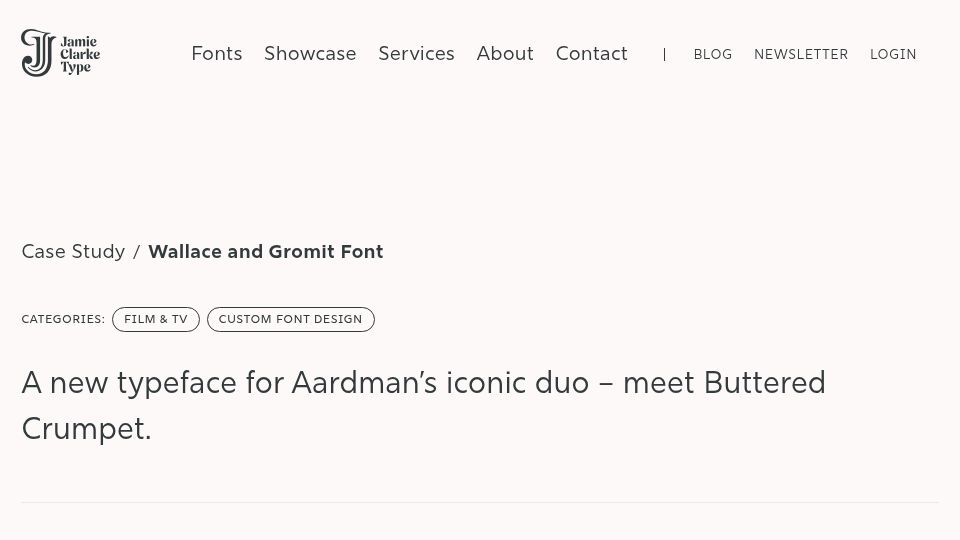 Screenshot of jamieclarketype.com: Buttered Crumpet, a custom typeface for Wallace and Gromit