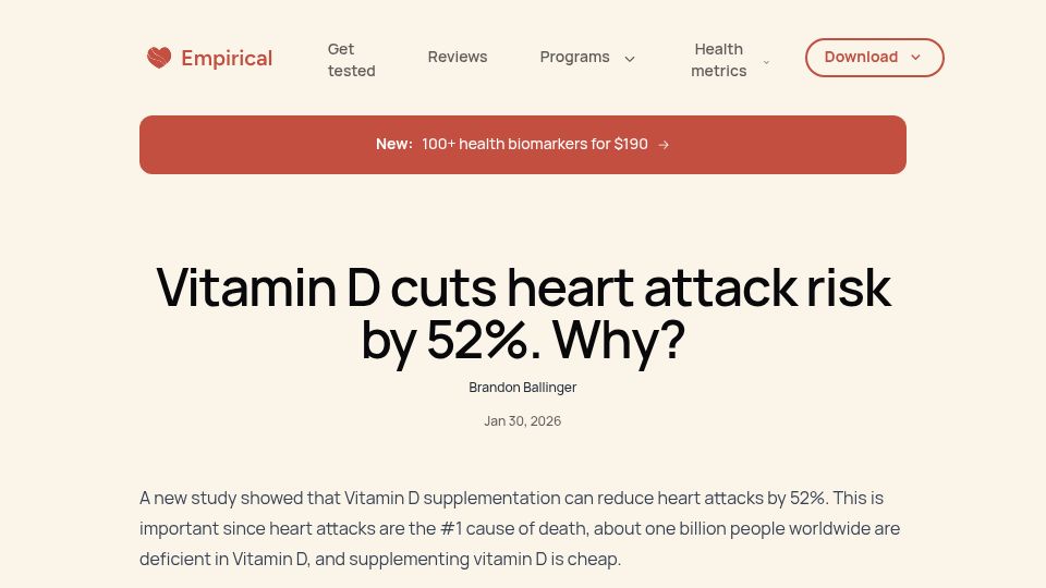 Screenshot of empirical.health: Vitamin D supplements cut heart attack risk by 52%. Why?