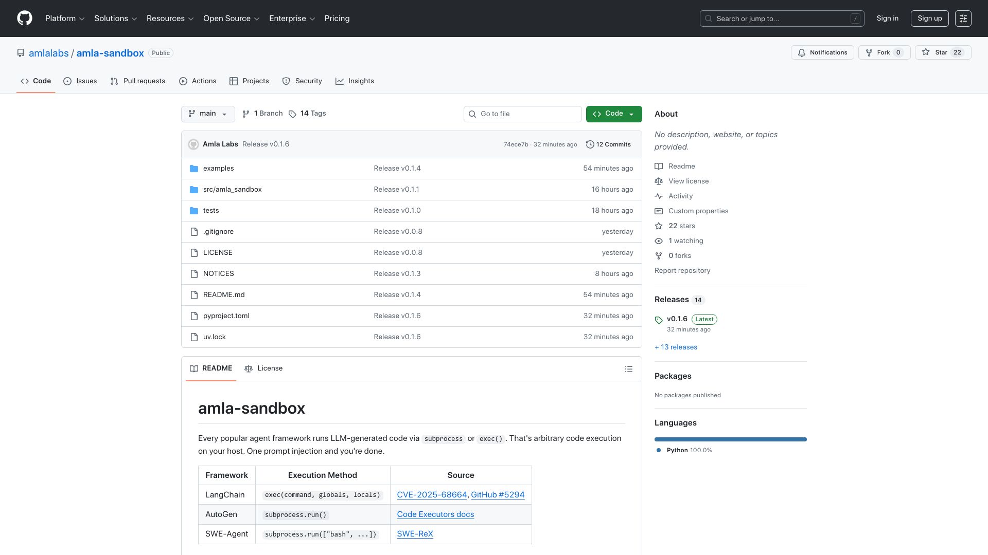 Screenshot of github.com: Show HN: Amla Sandbox – WASM bash shell sandbox for AI agents