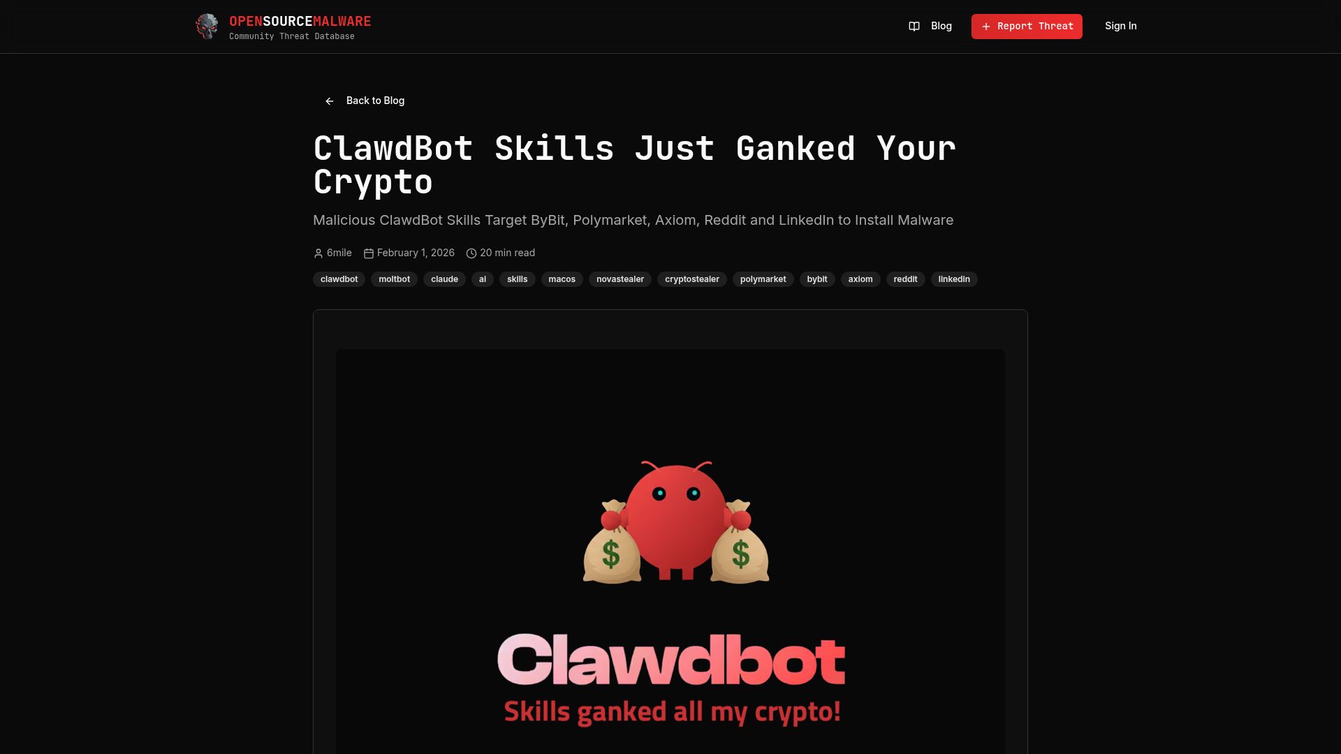 Screenshot of opensourcemalware.com: ClawdBot Skills ganked all my crypto