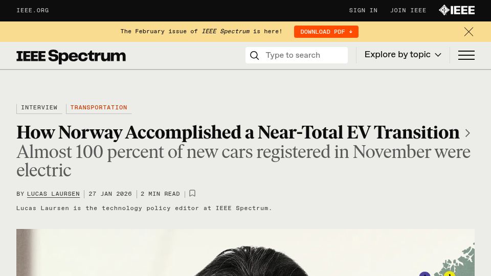 Screenshot of spectrum.ieee.org: Norway EV Push Nears 100 Percent: What's Next?