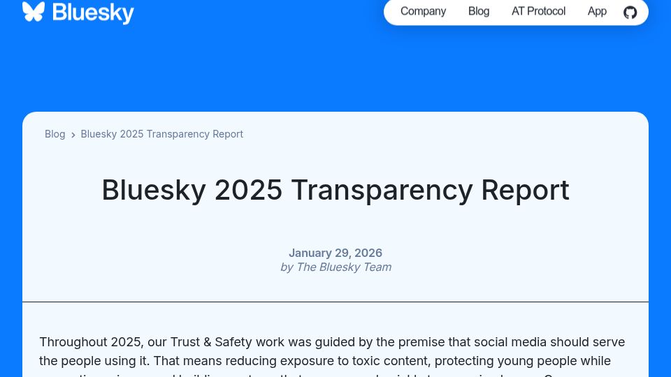 Screenshot of bsky.social: Bluesky 2025 Transparency Report