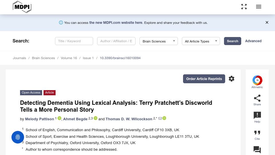 Screenshot of mdpi.com: Detecting Dementia Using Lexical Analysis: Terry Pratchett's Discworld