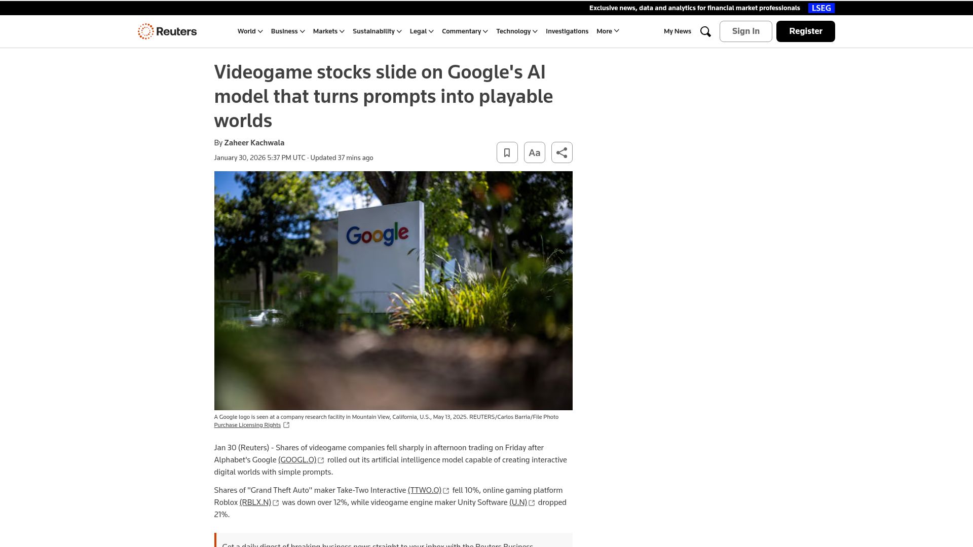 Screenshot of reuters.com: Videogame stocks slide after Google's Project Genie AI model release