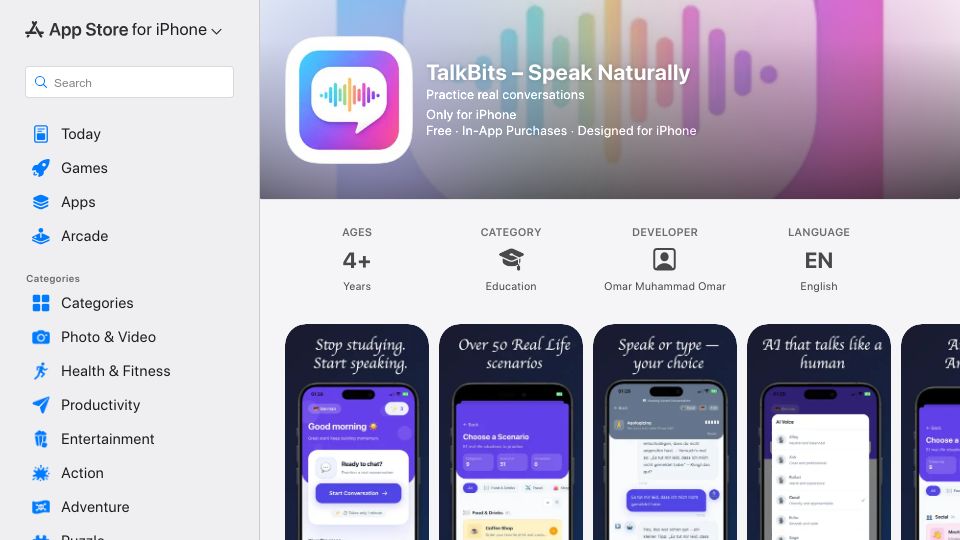 Screenshot of apps.apple.com: Show HN: I built an AI conversation partner to practice speaking languages