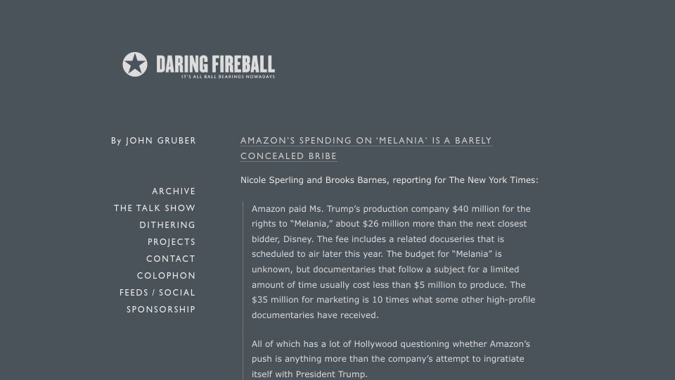 Screenshot of daringfireball.net: Amazon's Spending on 'Melania' Is a Barely Concealed Bribe