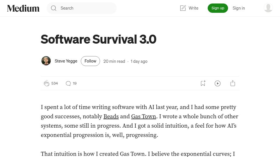 Screenshot of steve-yegge.medium.com: Software Survival 3.0
