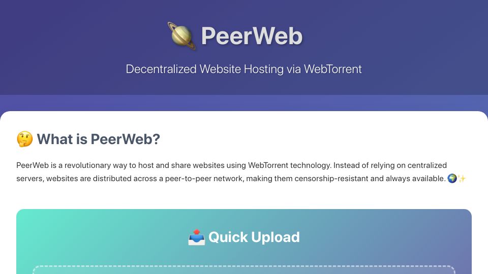 Screenshot of peerweb.lol: Peerweb: Decentralized website hosting via WebTorrent