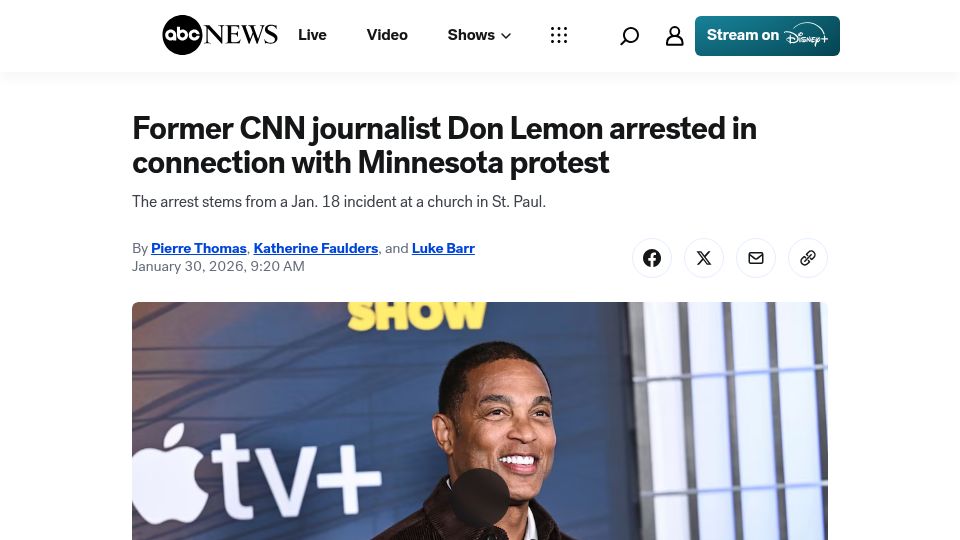 Screenshot of abcnews.go.com: Former CNN journalist Don Lemon arrested in connection with Minnesota protest