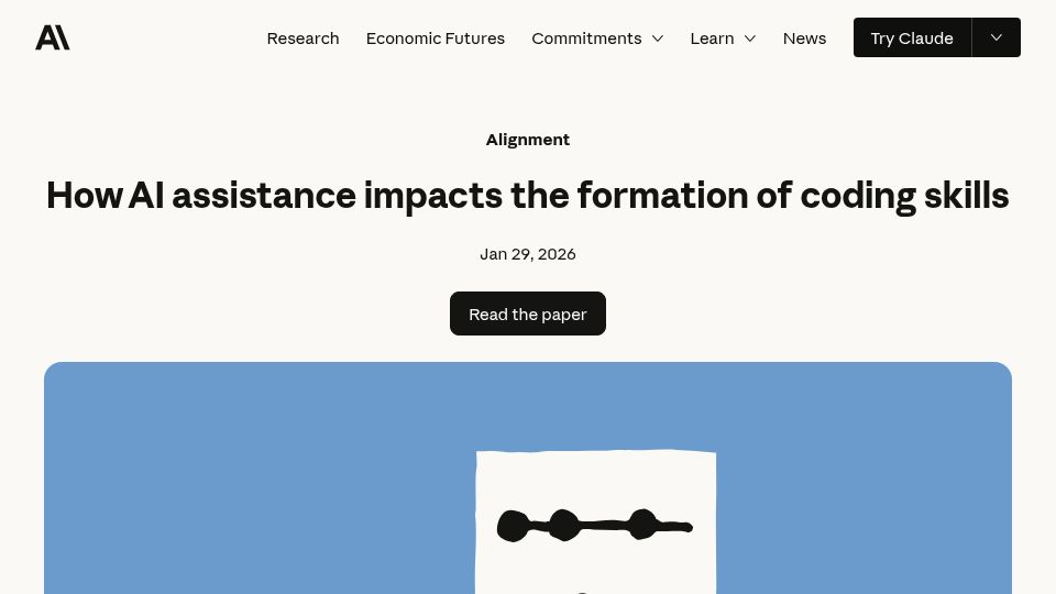 Screenshot of anthropic.com: How AI assistance impacts the formation of coding skills