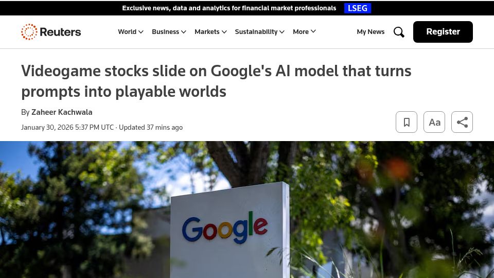 Screenshot of reuters.com: Videogame stocks slide after Google's Project Genie AI model release