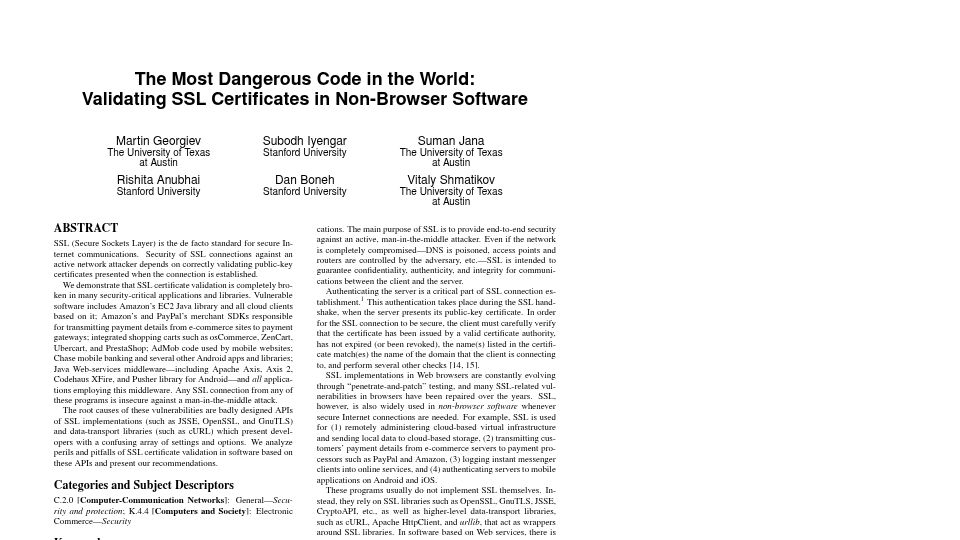 Screenshot of cs.cornell.edu: The most dangerous code: Validating SSL certs in non-browser software (2012) [pdf]