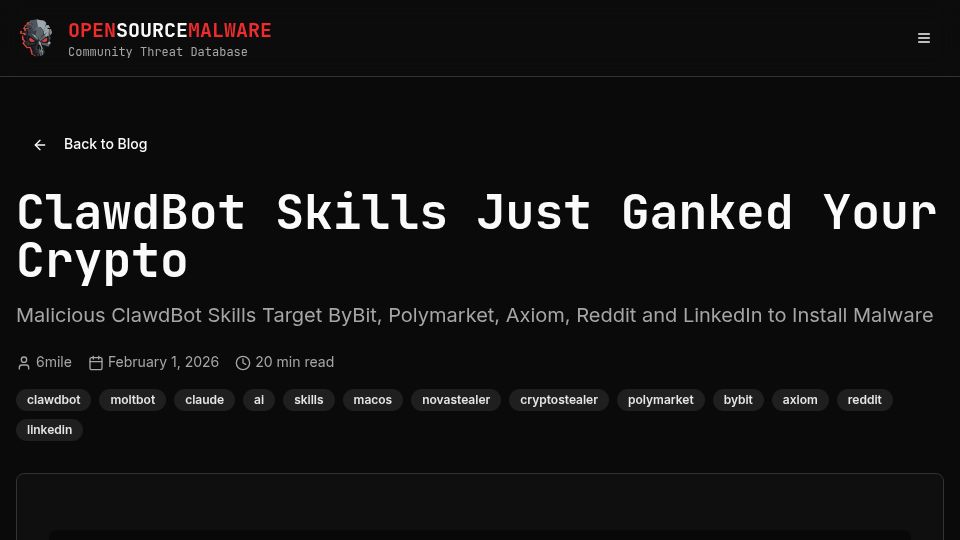 Screenshot of opensourcemalware.com: ClawdBot Skills ganked all my crypto