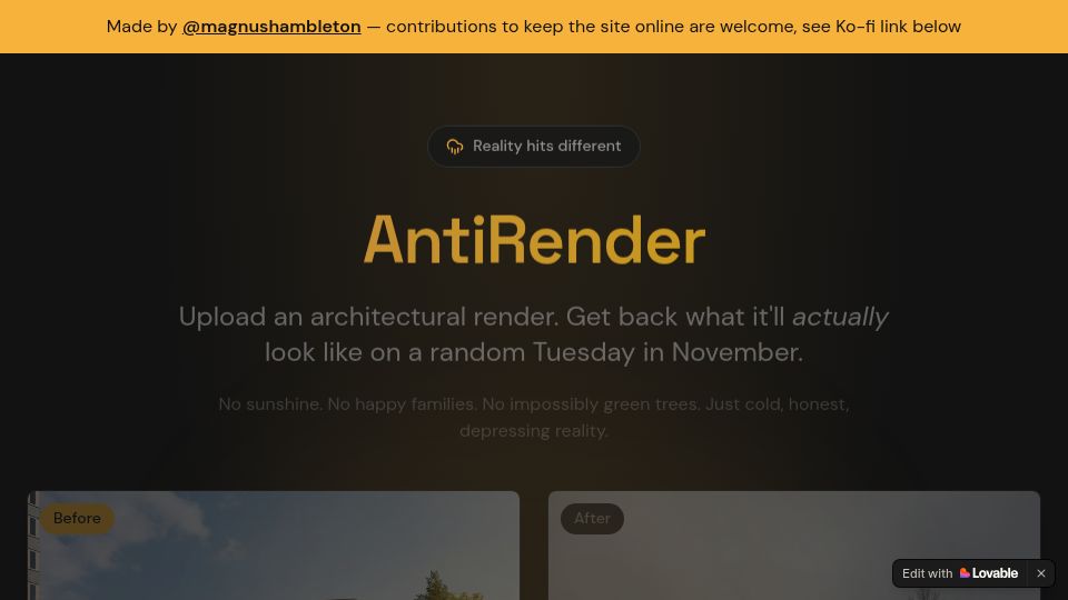 Screenshot of antirender.com: Antirender: remove the glossy shine on architectural renderings
