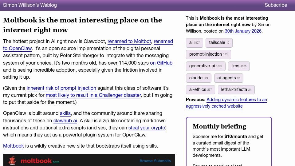 Screenshot of simonwillison.net: Moltbook is the most interesting place on the internet