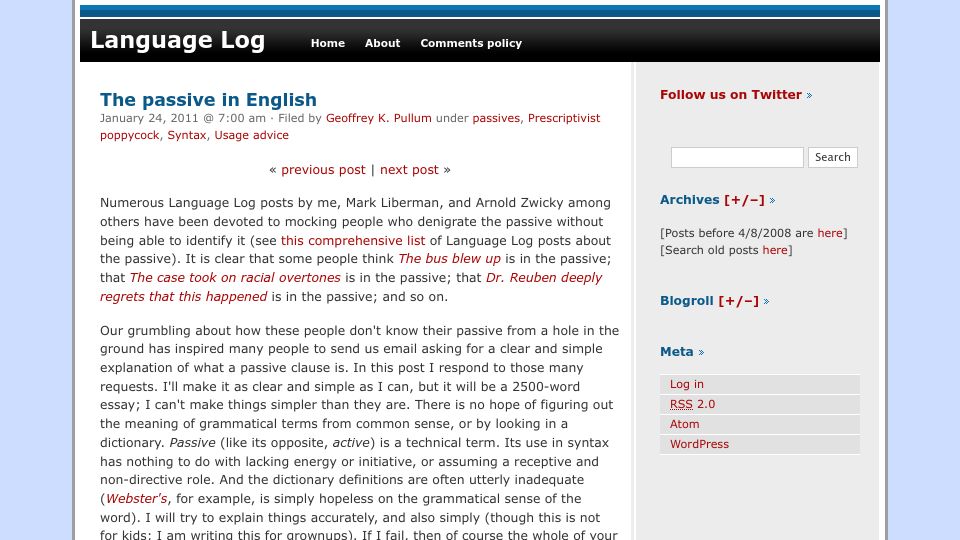 Screenshot of languagelog.ldc.upenn.edu: The passive in English (2011)