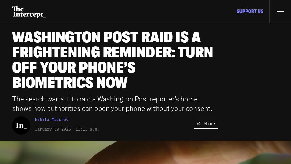 Screenshot of theintercept.com: A judge gave the FBI permission to attempt to bypass biometrics