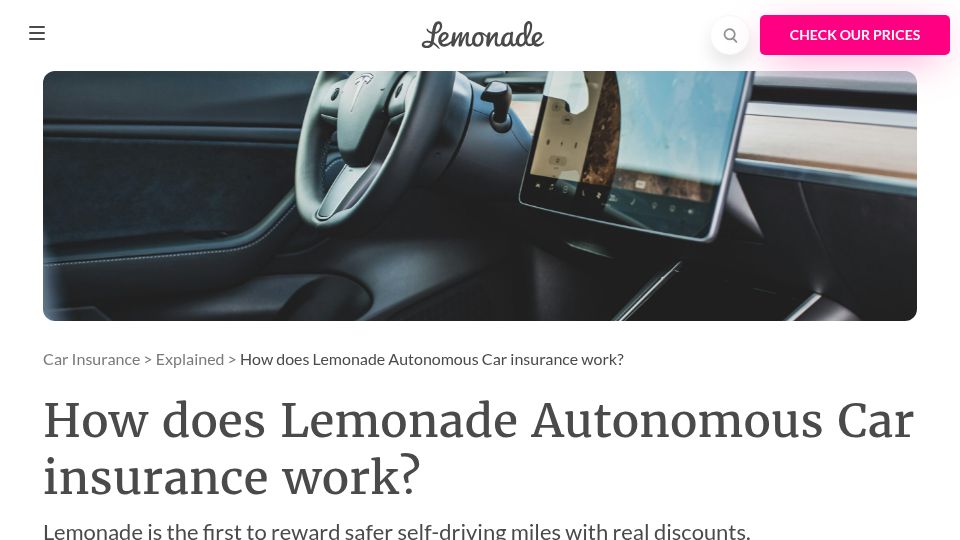Screenshot of lemonade.com: Self Driving Car Insurance