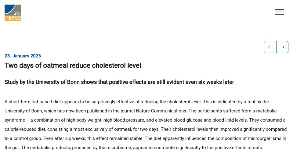 Screenshot of uni-bonn.de: Two days of oatmeal reduce cholesterol level