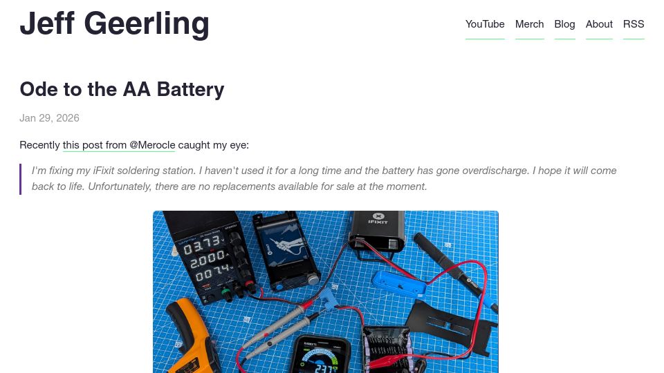 Screenshot of jeffgeerling.com: Ode to the AA Battery