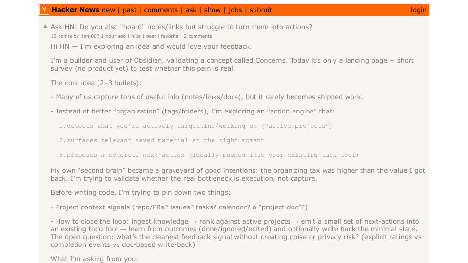 Screenshot of Hacker News post: Ask HN: Do you also "hoard" notes/links but struggle to turn them into actions?