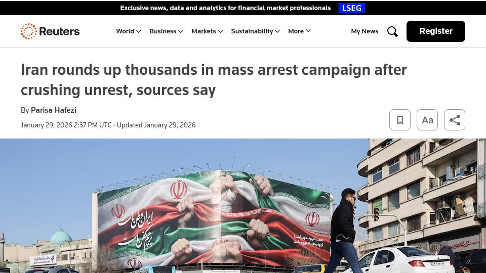 Screenshot of reuters.com: Iran rounds up thousands in mass arrest campaign after crushing unrest