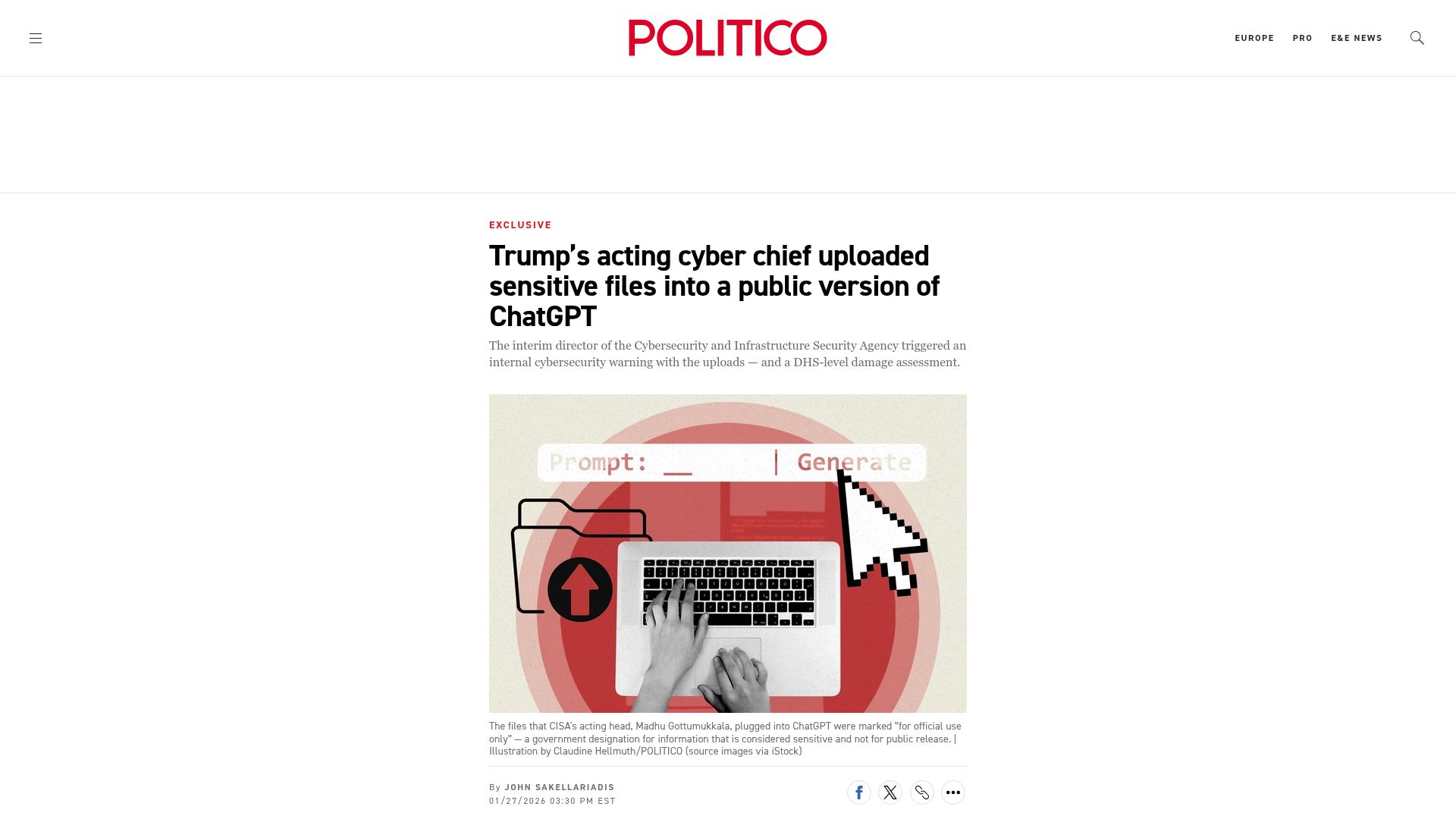 Screenshot of politico.com: CISA’s acting head uploaded sensitive files into public version of ChatGPT