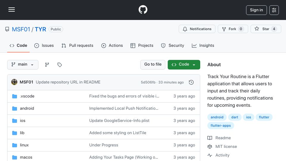 Screenshot of github.com: Track Your Routine – Open-source app for task management