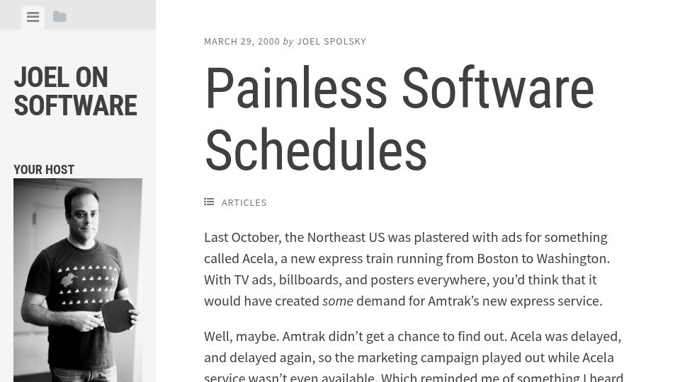 Screenshot of joelonsoftware.com: Painless Software Schedules (2000)