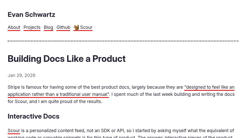 Screenshot of emschwartz.me: Building docs like a product