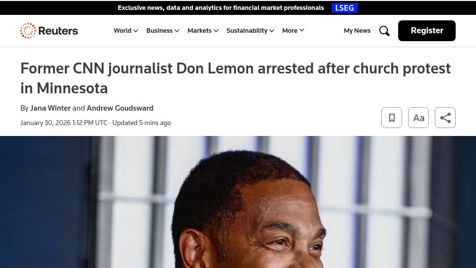 Screenshot of reuters.com: Former CNN journalist Don Lemon arrested after church protest in Minnesota