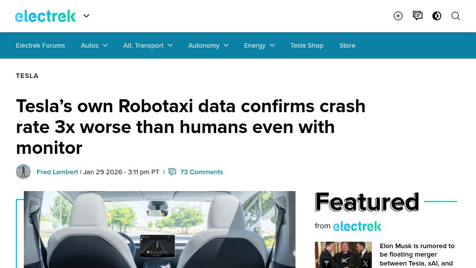 Screenshot of electrek.co: Tesla’s autonomous vehicles are crashing at a rate much higher tha human drivers