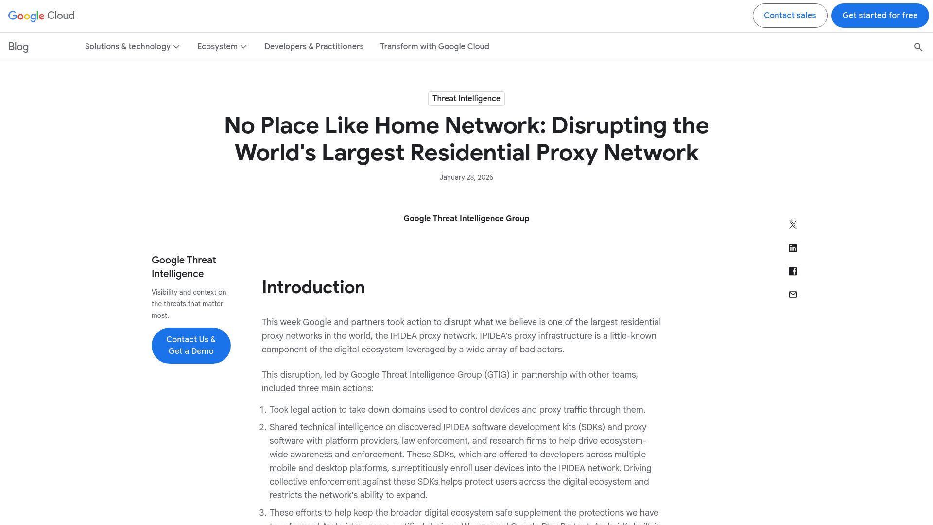 Screenshot of cloud.google.com: Disrupting the largest residential proxy network