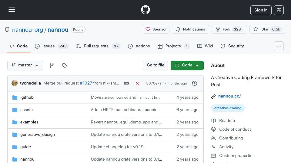 Screenshot of github.com: Nannou – A creative coding framework for Rust