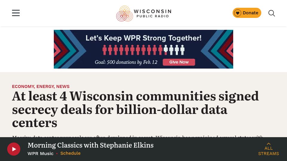Screenshot of wpr.org: Wisconsin communities signed secrecy deals for billion-dollar data centers