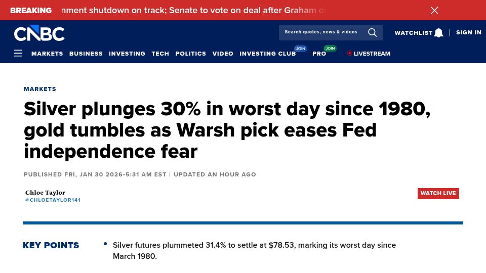 Screenshot of cnbc.com: Silver plunges 30% in worst day since 1980, gold tumbles