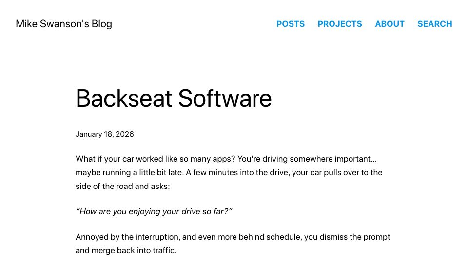 Screenshot of blog.mikeswanson.com: Backseat Software