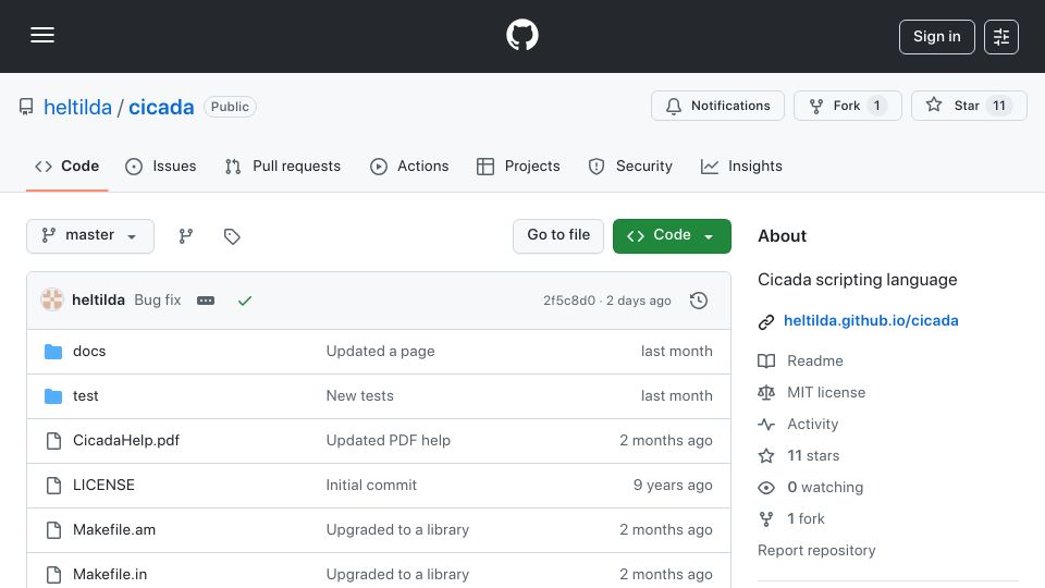 Screenshot of github.com: Show HN: Cicada – A scripting language that integrates with C