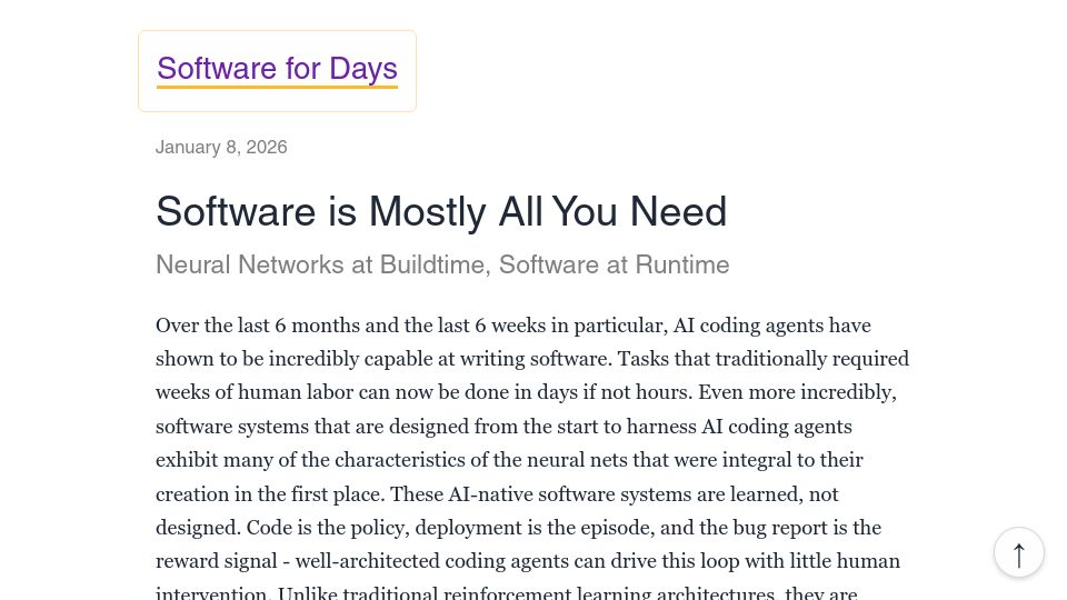 Screenshot of softwarefordays.com: Software is mostly all you need
